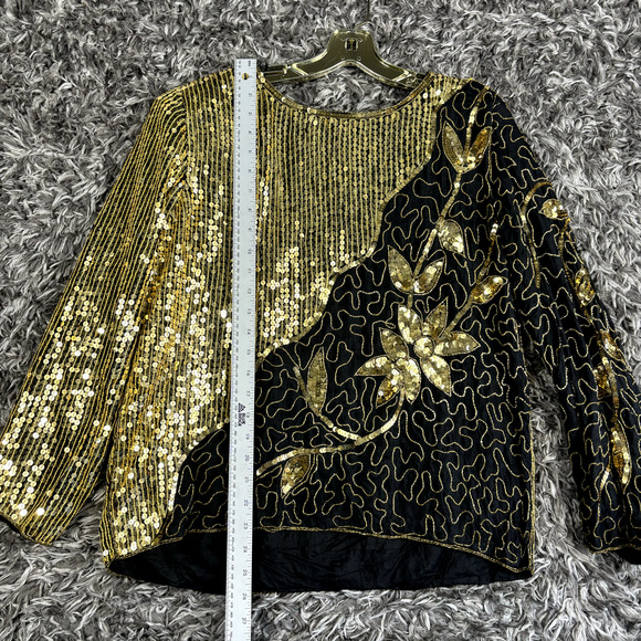 Women's Jean for Joseph Le Bon Silk Sequin Beaded Black Gold Formal Top- Size L - Picture 2 of 7
